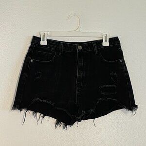 Dark Wash Distressed High-Waisted Jean Shorts